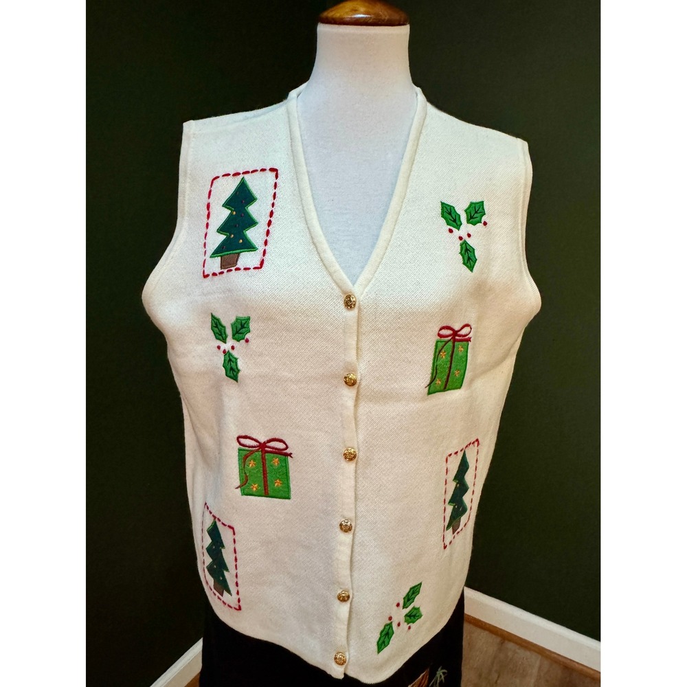 Vtg Crystal Kobe White Embroidered Christmas Vest Women's‎ XL